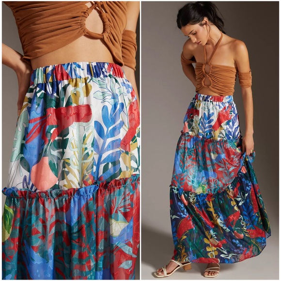 ANTHROPOLOGIE NWT 2X HUTCH Floral Printed Tiered Maxi Skirt • Vibrant Boho - Picture 10 of 13